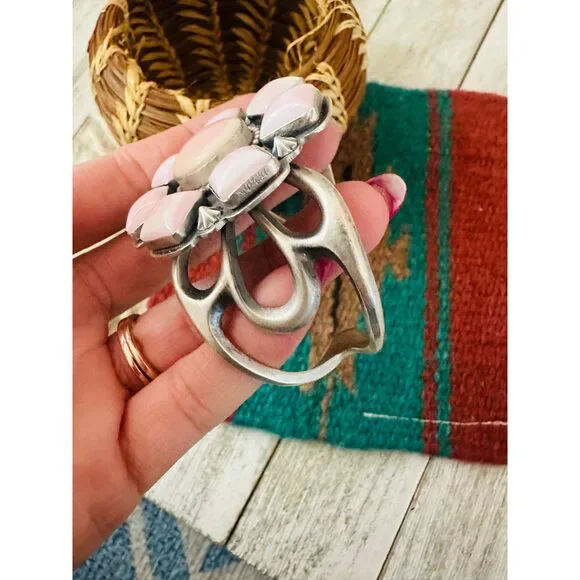 Handcrafted Old Pawn Sterling Silver & Queen Pink Conch Cluster Cuff Bracelet